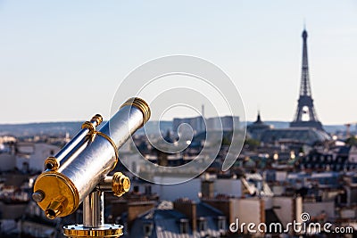 Touristic telescope overlooking Eiffel Tower Stock Photo