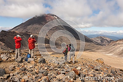 Tourists admiring volcano in Tongariro National Park Editorial Stock Photo