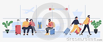 Tourists in airport. People traveling with luggage, couple sitting with baggage and waiting for flight. Man and woman Vector Illustration