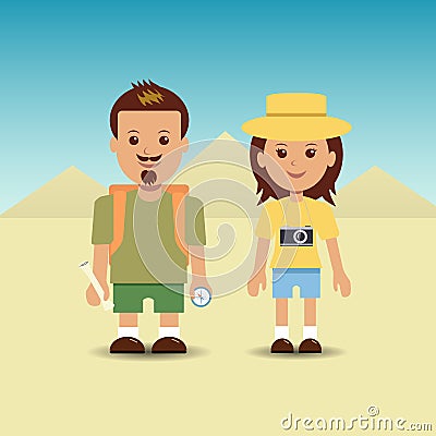 Tourists on the background of the pyramids Vector Illustration