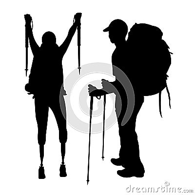 Tourists with backpacks man and woman on prosthetic legs, black silhouettes on a white background. Traveling people Cartoon Illustration
