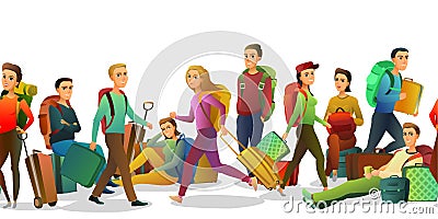 Tourists with backpacks and suitcases. Fun person cartoon style. Seamless picture. Isolated on white background Vector Illustration
