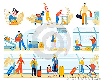 Tourists with baggage in airport people, traveling passengers waiting for check-in or departure set of vector flat Vector Illustration