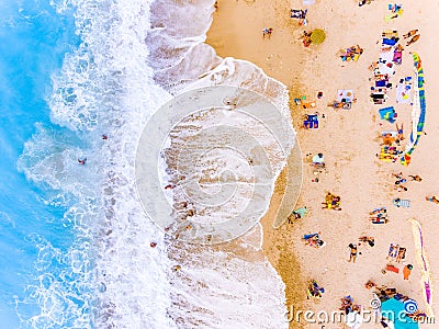 Tourists at the beach bird`s eye view Editorial Stock Photo