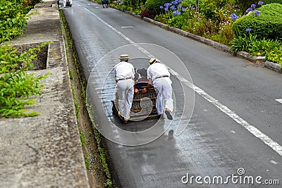 Carros de Cesto - Wicker Toboggan down the road in Madeira Island, Portugal Editorial Stock Photo