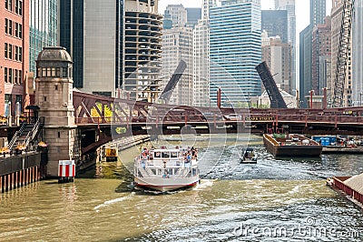 Tourists boat on the Chicago River of Chicago Downtown, USA Editorial Stock Photo