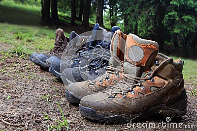 Tourists boots in forest camp Stock Photo