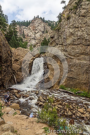 Tourists by Boulder Falls in Boulder Canyon, Nederland, Colorado Editorial Stock Photo