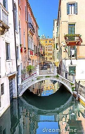 Touirists Colorful Small Side Canal Bridge Venice Italy Stock Photo