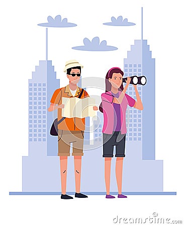 Tourists couple with binoculars and papermap on the city characters Vector Illustration