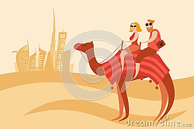 Tourists couple camel riders in the desert near Dubai city Cartoon Illustration