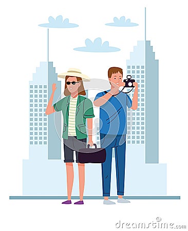 Tourists couple with camera and handbag on the city characters Vector Illustration