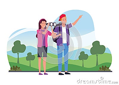 Tourists couple standing with binoculars on the camp characters Vector Illustration