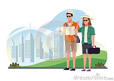 Tourists couple standing with papermap on the city characters Vector Illustration