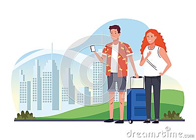 Tourists couple standing with suitcase on the city characters Vector Illustration