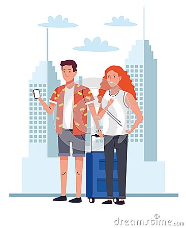 Tourists couple standing with suitcase and smartphone on the city characters Vector Illustration