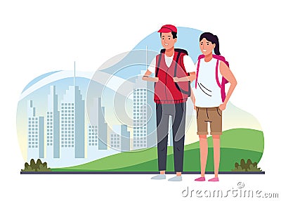 Tourists couple standing with travelbags on the city characters Vector Illustration