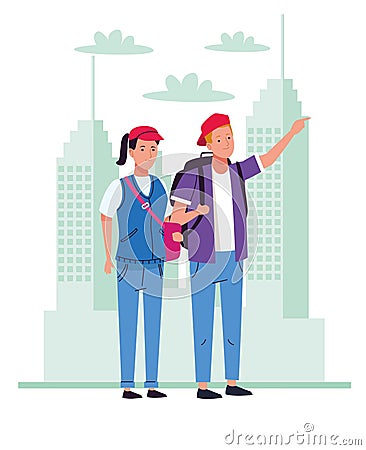 Tourists couple standing with travelbags on the city Vector Illustration
