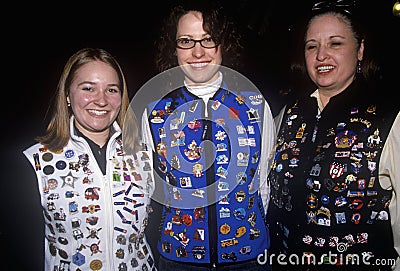 Tourists displaying vests covered with Olympic collector pins, during 2002 Winter Olympics, Salt Lake City, UT Editorial Stock Photo
