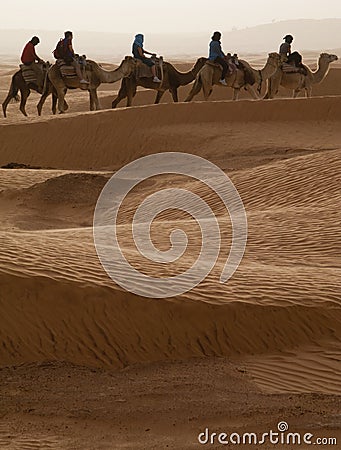 Tourists on dromedaries, Sahara, Tunisia Stock Photo