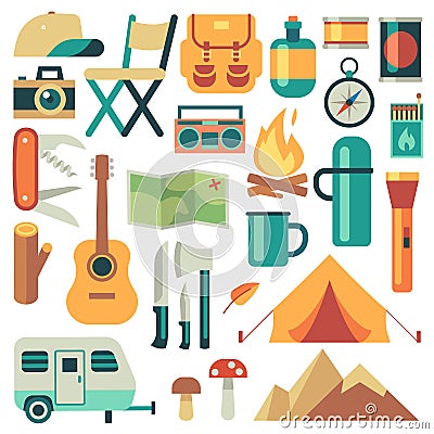 Tourists equipment and travel accessories vector set. Vector Illustration