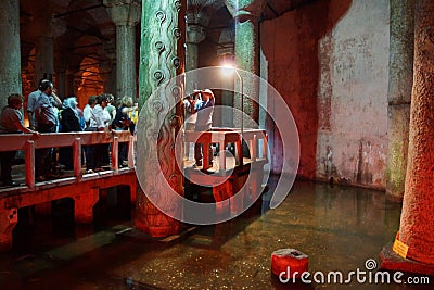 Tourists explore the Yerebatan Saray underground cistern Editorial Stock Photo