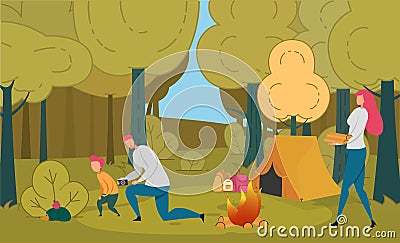 Tourists Family Camping Leisure, Relaxing in Camp. Vector Illustration