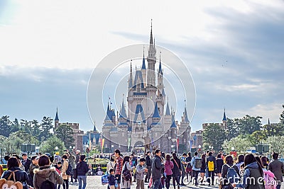 Tourists at the front of Cinderella Castle Tokyo Disney Resort in Urayasu, Chiba prefecture, Tokyo, Japan Editorial Stock Photo