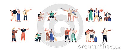 Tourists go sightseeing and take photos in travel set. People walk with phones and maps in vacation trip. Friends Vector Illustration