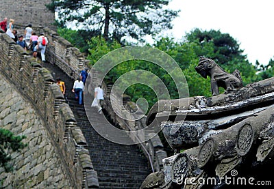 Tourists on Great Wall of China Overlooked by Watch Tower Guard - Mutianya, near Beijing Stock Photo