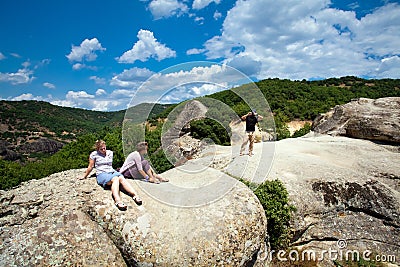 Tourists in Greece Meteora rock formations panorama view Editorial Stock Photo
