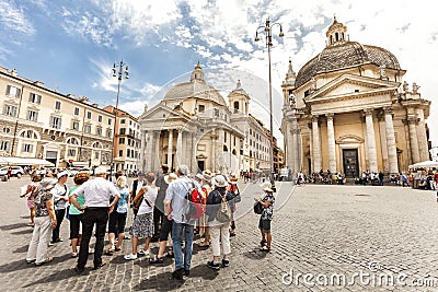 Tourists group with tour guide in Rome, Italy. Piazza del Popolo. Traveling Editorial Stock Photo