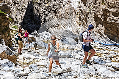 Tourists hike in Samaria Gorge in central Crete, Greece Editorial Stock Photo