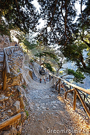 Tourists hike in Samaria Gorge in central Crete, Greece Editorial Stock Photo