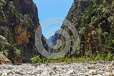 Tourists hike in Samaria Gorge in central Crete, Greece. The national park is a UNESCO Biosp Editorial Stock Photo