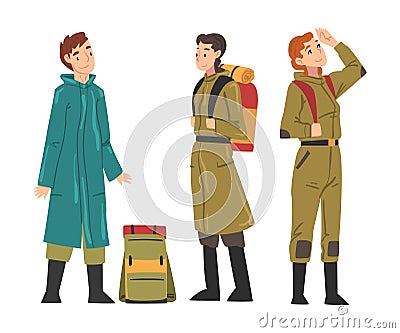 Tourists Hiking on Nature, Travelers Characters in Outdoor Outfit with Backpacks, Summer Adventure Trip Cartoon Style Vector Illustration