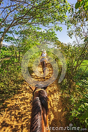 Tourists on a horse tour in Vinales National Park, UNESCO, Pinar del Rio Province, Cuba. Editorial Stock Photo