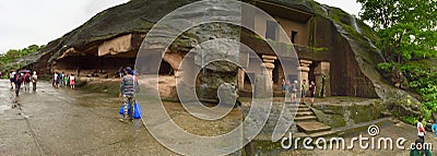 Tourists at Kanheri Caves in Mumbai - Panorama Editorial Stock Photo