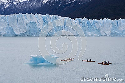 Tourists kayaking near the Perito Moreno Glacier in Argentina Editorial Stock Photo