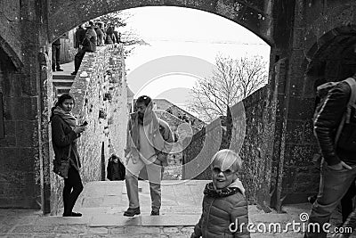 Tourists at Le Mont-Saint-Michel Black and White Editorial Stock Photo