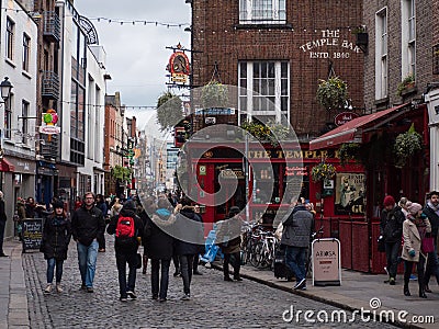 People in street, Irish pubs in Temple Bar, Dublin, Ireland. Editorial Stock Photo