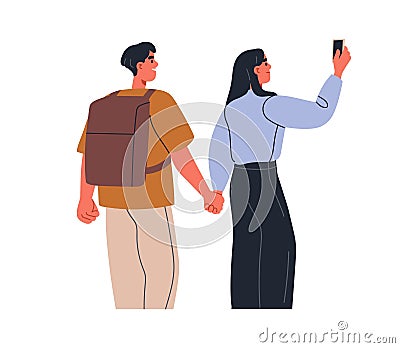 Tourists, love couple walking, taking photo picture on mobile phone camera. Happy man, woman strolling, photographing Vector Illustration