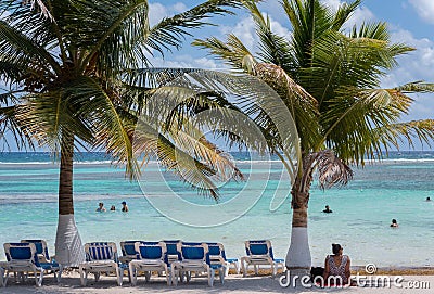 Tourists on the Mahahual Sandy Beach, Quintana Roo, Mexico Editorial Stock Photo