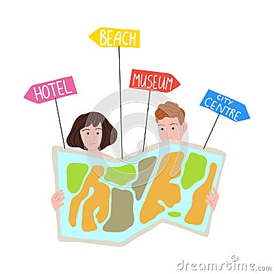 Tourists man and woman are looking at the travel map and planning the route. Vector illustration in flat cartoon style. Vector Illustration