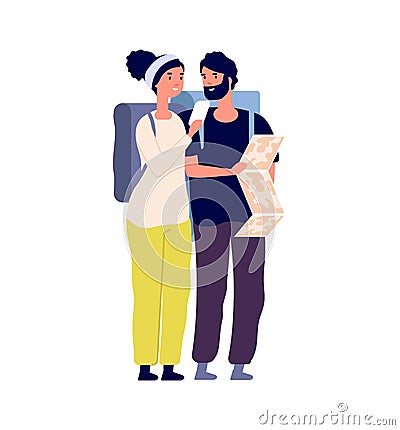 Tourists with map. Happy traveler find road or travel trip. Flat man woman with backpacks, couple hiking together vector Vector Illustration