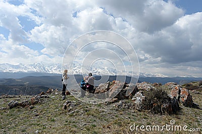 Tourists at the North Chui ridge in the Kosh-Agach district of the Altai Republic. Russia Editorial Stock Photo