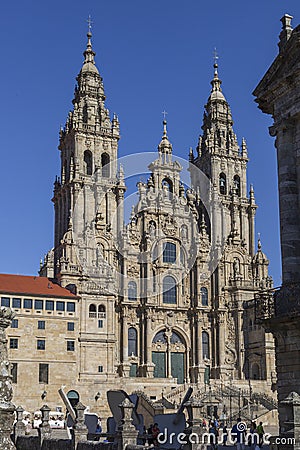 Tourists at the Obradoiro Square in front of the Cathedral, the final spot in the Camino de Santiago. Spain Editorial Stock Photo