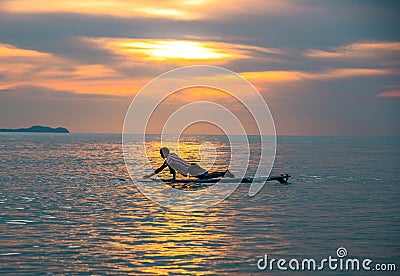 Tourists paddle surfboards in the sunset on a day when the sea has little waves Editorial Stock Photo