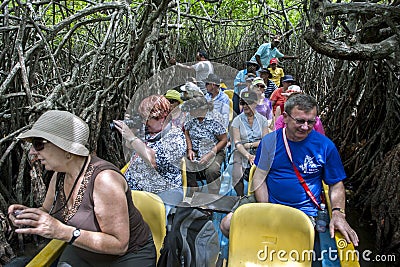 Tourists pass through a section of mangrove trees in Sri Lanka. Editorial Stock Photo