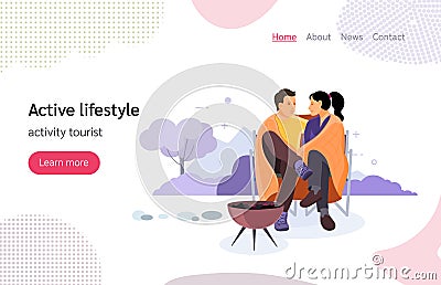 Tourists people group couple hiking vector landing page Vector Illustration